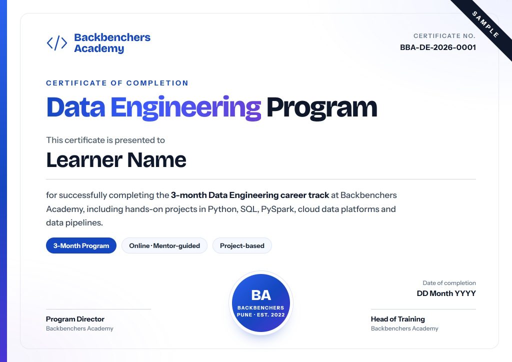 Sample Backbenchers Academy course completion certificate for the Data Engineering program